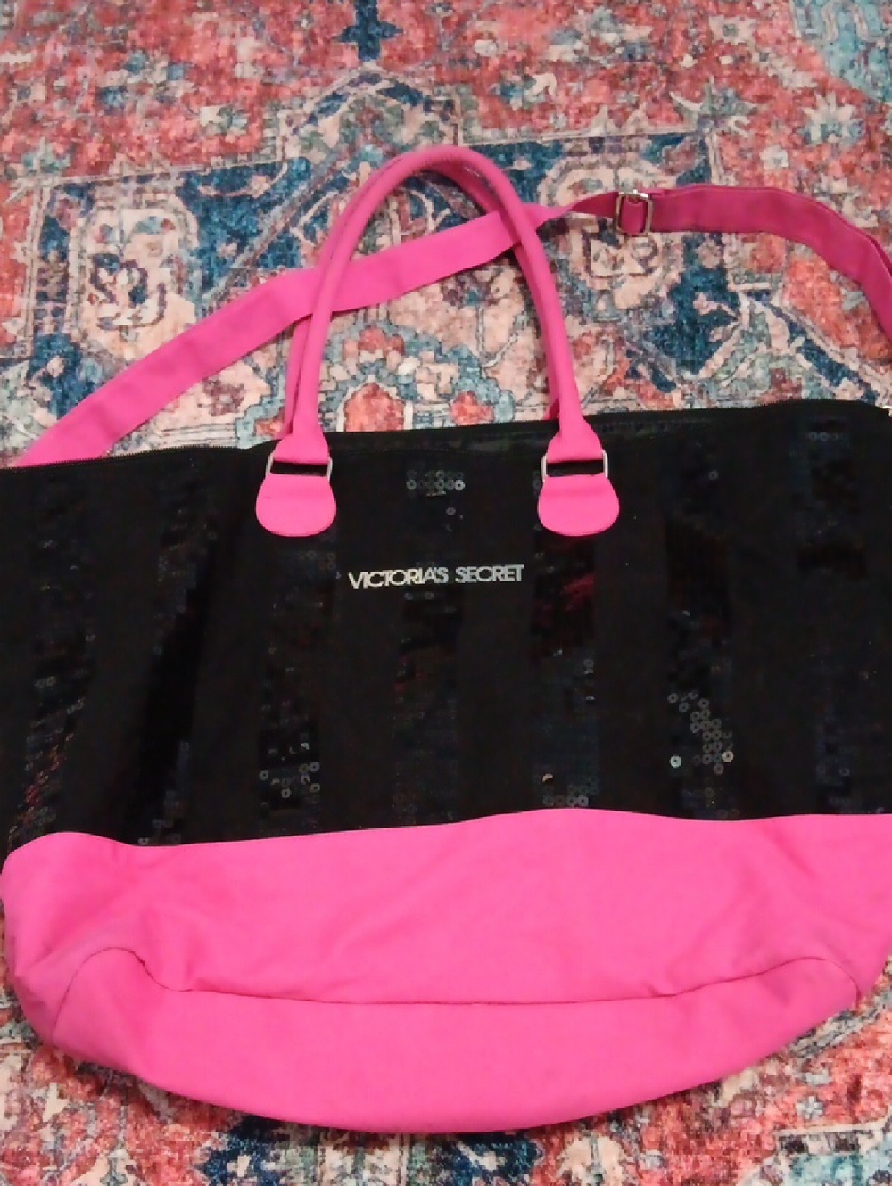 Victoria's Secret Black Sequin Tote with Hot Pink Trim